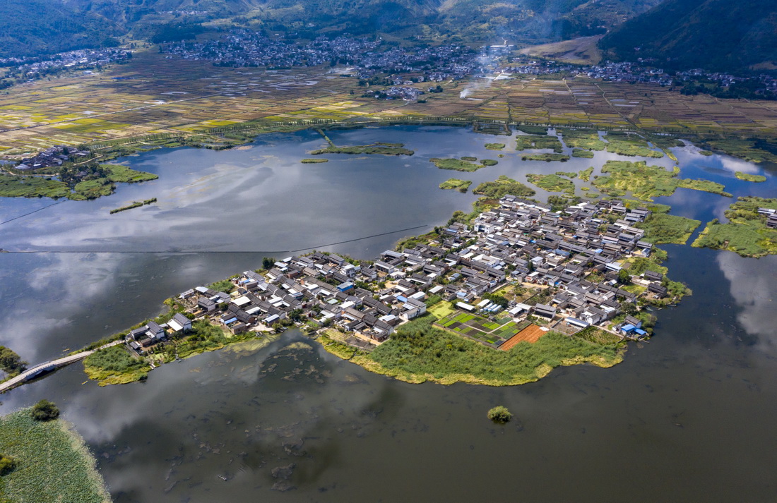 這是9月28日拍攝的洱源西湖島上的村落景觀（無(wú)人機(jī)照片）。新華社發(fā)（羅鑄 攝）