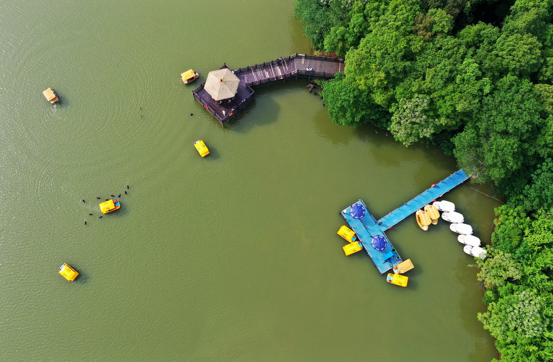 南昌市高新區(qū)艾溪湖濕地公園，市民在湖中游玩（2021年5月2日攝，無人機照片）。新華社記者 萬象 攝