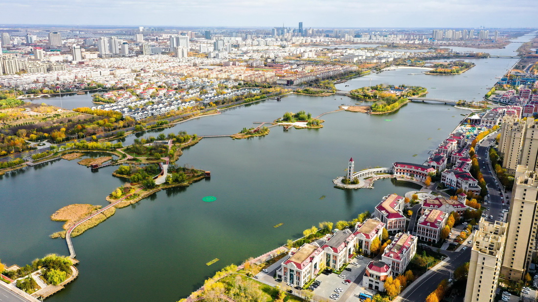 東營市明月湖國家城市濕地公園景色（11月13日攝，無人機(jī)照片）。 新華社發(fā)（李恒發(fā) 攝）